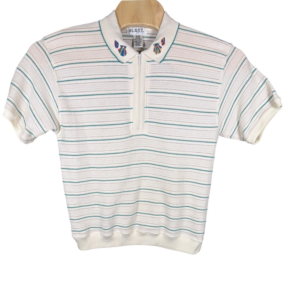 Blast Womens Plus 1X Striped Knit Polo Shirt Cream Teal Embroidered Shells Zip